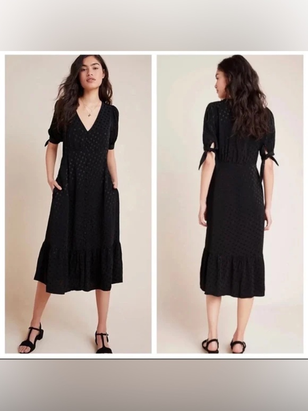 Maeve by Anthropologie Eudora Black Polka Dot V‑Neck Midi Dress with Tie Sleeves